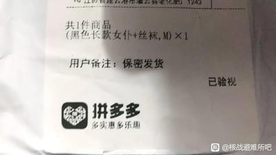 这是一张拼多多平台的快递面单实拍图，面单上方显示收件地址为江苏省连云港市灌云县老化肥厂区域，标注有编号1243；商品信息为1件M码的黑色长款女仆装加丝袜；用户特意备注要求保密发货，面单右侧标注已验视；底部印有拼多多的品牌logo以及其宣传语“多实惠多乐趣”。图片右下角带有来自百度贴吧“核战避难所吧”的水印，整体是用户对自己网购特殊商品并要求保密发货的快递面单的实拍分享，没有双关、谐音梗或暗示类内容。