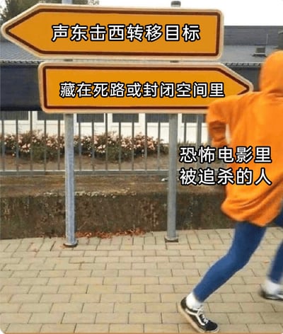 这是一张调侃恐怖电影俗套情节的搞笑梗图。画面中设置了两个指向左侧的路牌，分别标注了“声东击西转移目标”“藏在死路或封闭空间里”这两种合理的逃生策略；画面右侧的橙色连帽衫人物被标注为“恐怖电影里被追杀的人”，他没有遵循路牌指示的正确逃生方向，反而朝着相反的方向奔跑，以此讽刺恐怖电影中被追杀的角色常常做出违背逃生逻辑的迷之操作，将影视剧中的不合理情节具象化，制造出荒诞搞笑的吐槽效果。