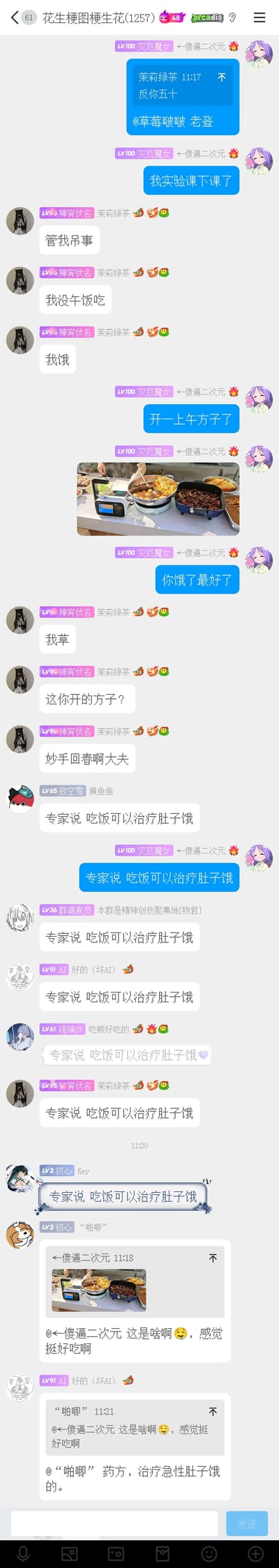 这是QQ群「花生梗图梗生花」的聊天记录截图，群友「灾厄魔女」分享自己实验课下课，还发布了食堂饭菜的实拍图；群友「神宵伏名」抱怨自己没午饭吃很饿，「灾厄魔女」调侃回应后，「神宵伏名」玩梗称饭菜是对方开的“方子”，随后群友集体玩起无厘头废话梗，重复刷屏「专家说 吃饭可以治疗肚子饿」，还有群友分享了其他群聊里对这张饭菜图的评价，整个过程是群友之间的日常搞笑互动，用正确的废话制造笑点。
