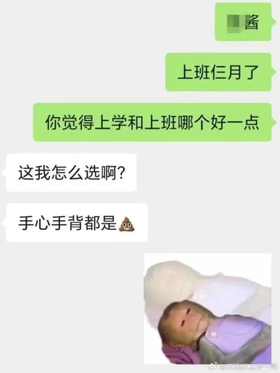 这是一张聊天记录截图，展示了一段关于上班和上学对比的幽默对话。绿色气泡显示对方说："上班仨月了"和"你觉得上学和上班哪个好一点"。白色气泡显示回复："这我怎么选啊？"和"手心手背都是💩"，用幽默的方式表达了无论是上学还是上班都有各自的烦恼，难以选择的无奈心情。图片底部配有一张婴儿的照片，增加了趣味性。