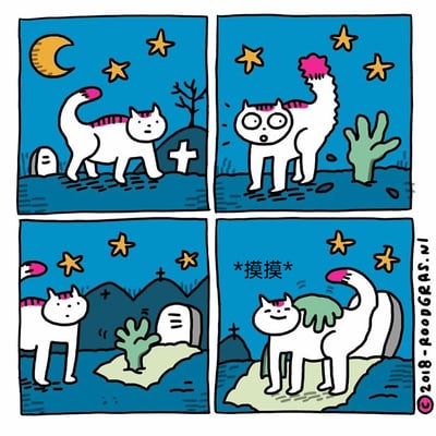 这是一幅四格连环卡通漫画，场景设定在夜晚的墓地，天空悬挂着弯月与星星。第一格：一只粉尖尾巴的白猫在墓碑和十字架旁平静地行走；第二格：白猫突然看到前方的绿色仙人掌，将其误认为恐怖的鬼手，瞬间吓得眼睛圆睁、嘴巴大张，尾巴也炸了起来；第三格：白猫绕到仙人掌的侧面，看清这只是普通的仙人掌后，情绪逐渐放松；第四格：白猫主动凑到仙人掌旁边，将后背对着仙人掌，露出满脸享受的表情，配文“*摸摸*”，把仙人掌当成了可以蹭毛的“抚摸工具”，整个故事以猫咪的乌龙行为制造出反差搞笑的效果，展现了猫咪的可爱日常。