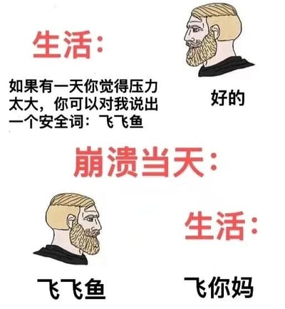 该梗图通过上下两部分对比展现幽默反转。上方“生活”提出当压力大时可用安全词“飞飞鱼”求助，右侧卡通胡子男性回应“好的”；下方“崩溃当天”场景中，该男性说出“飞飞鱼”，而“生活”却回怼“飞你妈”。用夸张的反差讽刺生活中求助无门的无奈，以搞笑方式表达人们面对压力时的真实情绪。