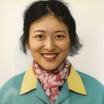 一张女性的正面人像照片，她有着黑色的头发，穿着一件青色上衣，衣领是黄色的，脖子上围着一条粉色带有白色花纹的围巾。她面带自然的微笑，背景是纯白色的，整体给人一种亲切、友善的感觉。
