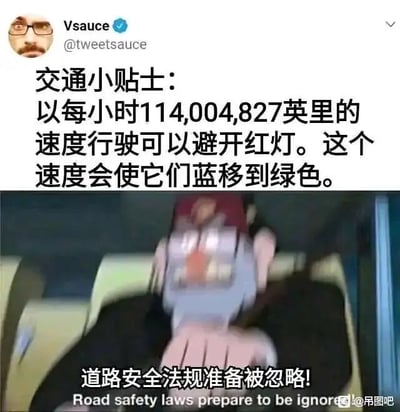 这是一张结合了科普知识与搞笑内容的梗图，上方是科普博主Vsauce在推特（X）发布的趣味内容，提出以每小时114004827英里的超高速行驶时，会因多普勒效应让交通红灯发生蓝移，看起来变成绿灯，以此荒诞地“规避”红灯；下方搭配了一个因高速行驶而面部模糊的卡通角色截图，并配文“道路安全法规准备被忽略！”，用夸张且不符合现实的科学脑洞制造反差笑点，调侃这种完全不切实际的“规避红灯”方法，同时结合科学知识增加梗的趣味性。