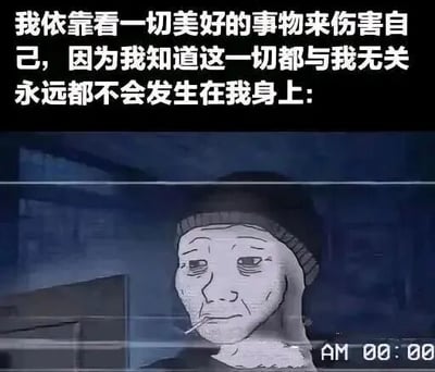 图片上半部分为黑色背景白色文字：“我依靠看一切美好的事物来伤害自己，因为我知道这一切都与我无关 永远都不会发生在我身上：”，表达了一种自我否定和悲伤的情绪。下半部分是一个卡通风格的角色，面部表情忧郁，戴着帽子，背景模糊。右下角有“AM 00:00”的时间戳，整体营造出深夜孤独、情绪低落的氛围。
