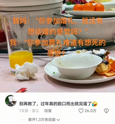 这张图是一张饭桌上的残羹冷炙照片，上面配有一段母子对话的文字。妈妈问：“你参加婚礼，就没有想结婚的感觉吗？”孩子则反问：“你参加葬礼难道有想死的感觉？”一句幽默又犀利的反击，贴合了年轻人在家庭聚会、被催婚场景下的心理状态。底部还有一条高赞评论，进一步强化了过年被催婚的主题。整个画面和文案均充满了网络流行文化中的自嘲和对家庭压力的调侃，属于典型的催婚吐槽类表情包。
本图采用了典型的家庭聚会式餐桌场景，暗示春节、亲友聚会。文案中有双关和反问的幽默元素，用极端假设来反击父母催婚压力。也带有一点对于催婚话题的无奈以及调侃意味。