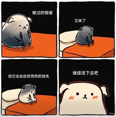 这是一组四格原创卡通连环漫画，主角是一只原创的卡通小狗。第一格中，小狗耷拉着眉眼，神情沮丧地坐在橙色平面上，配文“难过的情绪”，直观呈现负面情绪的出现；第二格中，小狗体型缩小、颜色加深，配文“又来了”，表现出被负面情绪笼罩、状态变差的模样；第三格中，小狗的颜色开始从深变浅，配文“但它也会自然而然的消失”，暗示负面情绪正在逐渐消散；第四格中，小狗恢复原本的大小，脸上带着红晕，露出温和的笑脸，配文“继续活下去吧”，传递出接纳负面情绪、相信情绪会自然消散，进而积极生活的治愈态度。漫画用简洁的画面变化直观表现情绪的起伏，风格温暖治愈，旨在引导人们接纳自身的情绪变化，不要被负面情绪困住。