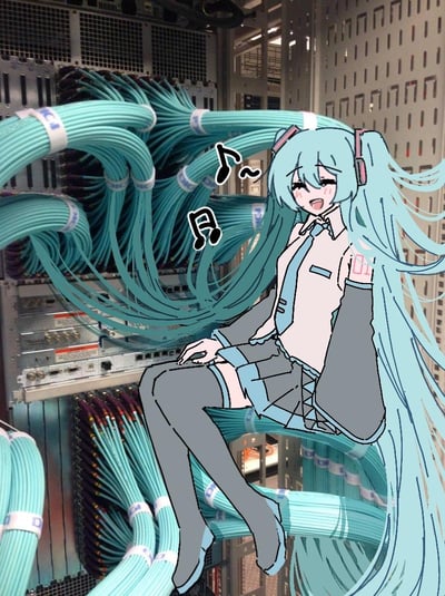 图片中，动漫角色初音未来（Hatsune Miku）以双马尾造型坐在服务器机房的设备上，她标志性的绿松石色长发与周围大量同样颜色的网络线缆交织在一起，形成视觉上的趣味呼应。角色穿着白色为主、蓝灰点缀的制服，搭配过膝袜，表情俏皮，嘴角上扬，头部附近有“へへ”的拟声词文字，传递出轻松愉快的氛围。背景是真实的服务器机架场景，整齐排列的服务器和捆扎有序的线缆突显科技感，整体画面将二次元角色与三次元科技环境创意融合。