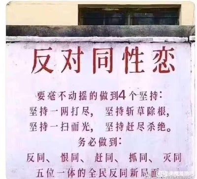这是一张拍摄自现实墙面的照片，墙面上刷有极端仇视同性恋的标语。最上方是大字体的“反对同性恋”标题，下方依次列出“毫不动摇的4个坚持”：坚持一网打尽、坚持斩草除根、坚持一扫而光、坚持赶尽杀绝；还有“务必做到”的内容：反同、恨同、赶同、抓同、灭同，打造五位一体的全民反同新局面。整个标语用词极端，充满恶意，属于仇恨言论，无任何双关、谐音梗或暗示内容。