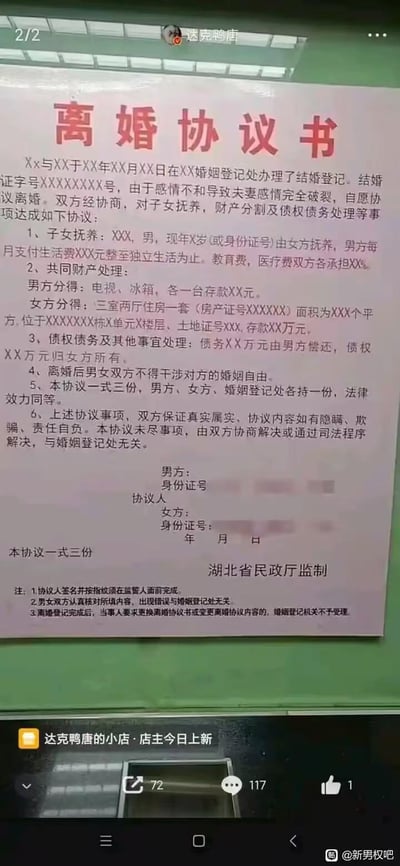 这是一张竖屏拍摄的湖北省民政厅监制的离婚协议书填写件，协议书内明确约定了子女抚养、共同财产分割、债权债务处理等离婚相关事宜：子女由女方抚养，男方支付生活费并承担部分教育医疗费用；男方仅分得电视、冰箱及少量存款，女方分得三室两厅房产与大额存款，所有债务由男方承担，债权归女方所有，同时约定离婚后双方互不干涉婚姻自由等内容。图片下方是手机界面，显示该内容为「达克鸭唐的小店」的上新内容，右下角标注来源为@新男权吧。