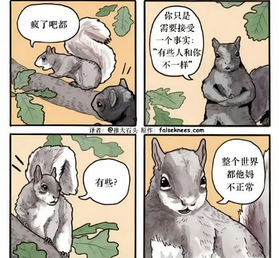 四格漫画描绘了两只松鼠的对话。第一格中，一只松鼠站在树枝上对另一只说"疯了吧都"；第二格中，另一只松鼠抱臂回应"你只是需要接受一个事实：'有些人和你不一样'"；第三格中，第一只松鼠疑惑地问"有些？"；第四格中，第二只松鼠表情夸张地说"整个世界都他妈不正常"。漫画通过动物对话幽默地探讨了对差异的认知和接纳问题。
