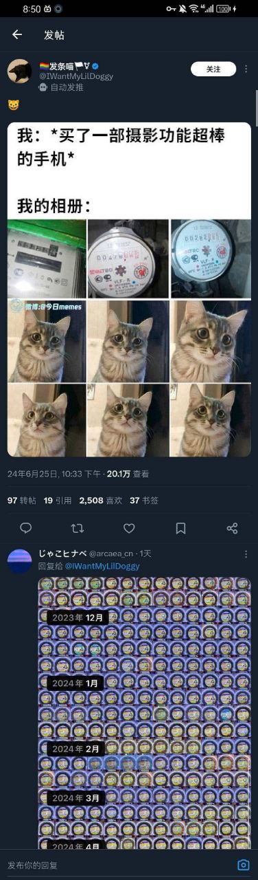 这是一张X平台的社交帖子截图，内容属于大众共鸣度很高的生活吐槽类梗图：发帖人自嘲买了摄影功能非常好的手机，但相册里并没有专业摄影作品，只有3张随手拍的仪表类杂物照片，剩下的全是同一只猫咪的连拍照片；下方有其他用户回复，放出自己的相册截图，显示2023年12月到2024年4月的相册里密密麻麻全是同一个表情包的存图，进一步强化了“多数普通用户的高配置手机摄影功能都用在非专业的日常记录、存表情包、拍宠物上”的吐槽点，十分贴近普通人的手机使用现状。