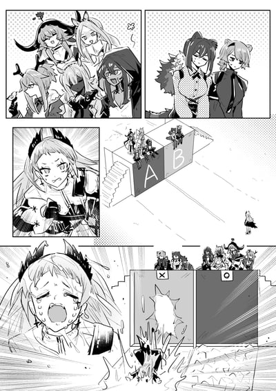 A black and white manga-style comic consisting of multiple panels depicting anime characters in a selection scenario. The first panel shows a group of five characters with various features including horns and distinct hairstyles. The second panel features two characters with cat ears standing close together. The third panel shows a close-up of a determined-looking character with horns pointing forward. The fourth panel shows characters positioned on platforms labeled 'A' and 'B'. The final panels show a character looking distressed with sweat drops and a scene with platforms labeled 'X' and 'O' with characters above them.