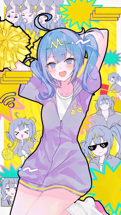 这是一幅风格活泼的二次元插画，中心是蓝发双马尾的啦啦队少女，她穿着紫色运动服，双手举着黄色啦啦花球，脸上带着红晕和汗珠，看起来既卖力又有点害羞。画面周围分布着多个该少女的小分镜，展现了她不同的状态：有疲惫到表情扭曲的样子，有举着锤子搞怪的模样，还有戴墨镜耍酷、元气欢呼等多种神态，背景用亮黄色搭配爆炸式装饰元素，整体氛围充满活力又带点搞怪趣味，无相关双关或谐音梗。
