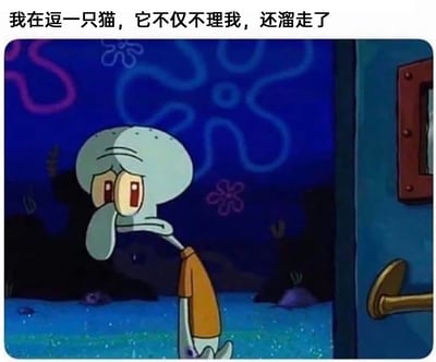 这是一张用于抒发日常小情绪的表情包，上方配有文字“我在逗一只猫，它不仅不理我，还溜走了”，图中是美国经典动画《海绵宝宝》里的角色章鱼哥，它身处海底场景中，低着头，眼神黯淡，眉头微皱，嘴角下撇，满脸失落沮丧，无精打采地站着。这张图用章鱼哥自带的低落、沮丧的状态，精准对应了逗猫时付出热情却被无视、甚至被躲开的受挫心情，将这种日常里的小失落生动地展现出来，容易引发有类似经历的人的共鸣。