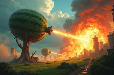 画面呈现出奇幻又充满冲突的场景：前景是翠绿的草地，几棵形态怪异的「西瓜树」扎根于此——粗壮的树木顶端是巨大的西瓜状球体，球体侧面装有机械炮口，正喷射出炽热的激光，朝着右侧的工业城市轰击。城市区域已经陷入一片火海，浓烟与烈焰裹挟着高耸的工厂建筑，火光映红了半边天空。田园风的草地与毁灭感的工业火场形成强烈视觉反差，充满荒诞的科幻感，无相关双关、谐音梗或暗示内容。