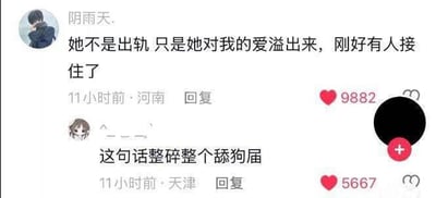 社交媒体评论截图，用户“阴雨天”发布争议言论：“她不是出轨 只是她对我的爱溢出来，刚好有人接住了”，定位河南，发布于11小时前。下方另一用户（卡通头像）回复：“这句话整碎整个舔狗届”，定位天津，同样发布于11小时前。两条评论点赞数分别为9882和5667，展现了网络上对情感话题的幽默调侃与玩梗现象。