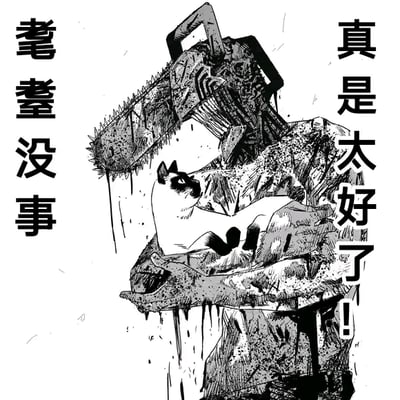这是一张基于漫画《电锯人》场景二次创作的黑白静态梗图。画面中是主角电次的电锯人形态，他浑身带有污渍和液体痕迹，正小心翼翼地将一只暹罗猫抱在怀里，原本暗黑风格的角色此刻呈现出放松庆幸的状态。图的左右两侧分别配有文字“耄耋没事”和“真是太好了！”，这里运用了谐音梗，“耄耋”谐音“猫爹”，实际想表达的是庆幸猫咪没事，用正式的词汇玩谐音，结合电锯人原本的暗黑暴力风格，形成强烈的反差感，制造出搞笑的效果。