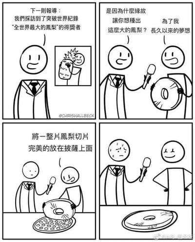 这是一则四格黑白卡通连环漫画，以采访为叙事线索展开：第一格中，身着正装的记者向观众介绍，即将采访种出“全世界最大凤梨”的世界纪录保持者；第二格中，记者手持话筒提问获奖者，种出巨型凤梨的缘由，获奖者微笑回应是为了自己长久以来的梦想；第三格揭晓这个“宏大”梦想的内容——将一整片凤梨切片完美放在披萨上面，此时获奖者正把巨型凤梨往披萨上摆放；第四格呈现最终结果，巨型凤梨切下的一片就完全占满了披萨盘，记者露出尴尬流汗的表情，获奖者则一脸淡定地站在一旁。漫画通过将“培育巨型凤梨”这一看似投入巨大的行为，与“给披萨放整片凤梨”这个日常且有些“无厘头”的目标结合，形成强烈的反差感，从而制造出荒诞搞笑的效果。