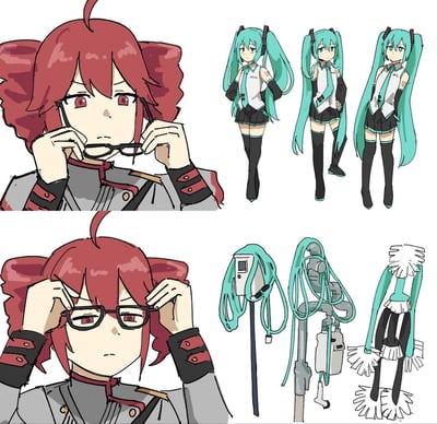 这是一张基于VOCALOIP虚拟歌手的二创连环图，分为上下两个对比部分：
1. 上半部分：红头发的重音teto正双手摘下眼镜，神态严肃，旁边是三位保持着经典公式服形象的初音未来，蓝绿色双马尾搭配黑白制服，神态平淡地站立着。
2. 下半部分：重音teto戴上眼镜后，原本的初音未来全部变成了形态怪异的日常工具，分别是带屏幕的长杆装置、管道组合、拖把样式的物体，通过“特殊眼镜看穿真实样貌”的设定制造强烈反差，用荒诞的变形效果营造搞笑趣味。