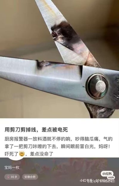 这是一张来自小红书的用户生活经历分享图，分为上下两部分：上半部分展示了一把被电击烧黑的金属剪刀，刀刃和刀身连接处有明显的烧焦、电击痕迹，能看出是遭遇过强电流后的损坏状态；下半部分是用户的文字描述，用户是安徽合肥的30岁宝妈，因厨房报警器在放料酒时就会不停作响，不堪其扰之下拿剪刀去剪报警器的电线，瞬间眼前冒白光，遭遇了电击，吓得够呛，庆幸自己没有生命危险，还配上了惊恐的表情。这张图以真实的受损物品和亲身经历，警示人们不要用金属工具触碰、剪断带电的电线，存在极大的用电安全隐患。