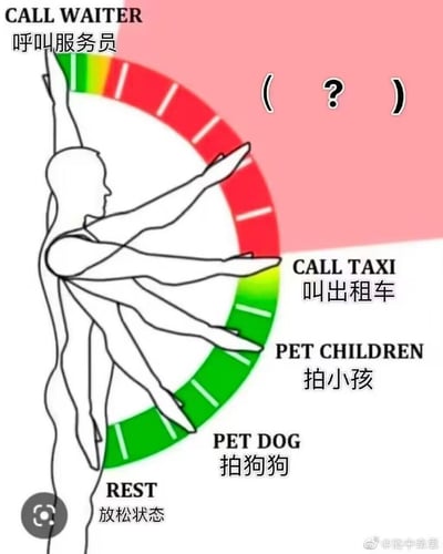这是一张趣味创意梗图，以多手臂的抽象人形搭配环形刻度盘的形式，直观展示了不同日常场景下的手臂手势：
- 高举手臂的手势对应「呼叫服务员」，位于红色刻度区
- 向外平伸的手势对应「叫出租车」，位于绿红交界区
- 向下轻拍的手势对应「拍小孩」，位于绿色刻度区
- 最下方自然下垂的手臂是「放松状态」
图中用红绿刻度区分手势的幅度和场景，夸张的多手臂设计放大了不同手势的差异，用搞笑的方式科普日常场景的手势区别，没有双关或谐音梗。