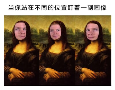 这是一张多图拼接的静态P图改编作品，以达芬奇的经典名画《蒙娜丽莎》为基底，将蒙娜丽莎的面部替换为同一个男性的脸，并制作出三种不同的面部变形效果，对应上方的文字“当你站在不同的位置盯着一副画像”，模拟出从不同角度观看画像时，人物面部产生的视觉扭曲效果，用搞笑的二次创作方式调侃经典画作的视觉错觉特点，整体风格诙谐有趣。