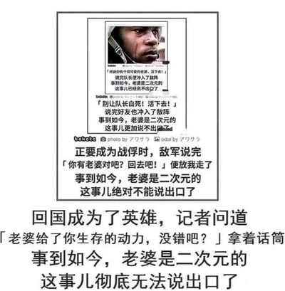 这张梗图通过一段虚构的采访情景讽刺“二次元老婆”宅文化。内容描述一位返回祖国的“英雄”，被问到生存动力是否是“老婆”，但内心苦恼于自己的“老婆其实是二次元角色”，这种宅宅的爱好和现实之间的矛盾被夸张、搞笑地表现出来，碰撞出幽默感。

——本梗带有“二次元老婆”的网络亚文化调侃，利用了现实和二次元世界的身份错位，存在轻微的双关和自嘲成分，但没有明显谐音梗或暗示。