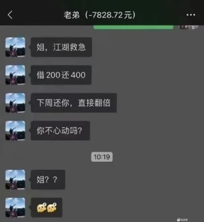 这是一张微信聊天记录的屏幕截图，聊天窗口顶部将对方备注为“老弟 (-7828.72元)”，明确显示该老弟已经欠了聊天记录持有者七千八百余元。对话中老弟连续发送多条消息，开口称“姐，江湖救急”，提出要借200元，承诺下周还款时直接翻倍还400元，还反问“你不心动吗?”，等待一段时间没有得到回复后，又发出“姐？？”和两个带问号的小黄脸表情催促回应。图片自带反差笑点，已经欠下巨额欠款的人，还想用小金额翻倍还款的诱饵继续借钱，内容讽刺又好笑。