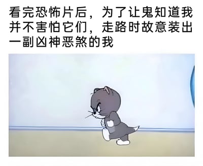 这张梗图上方是文字描述：'看完恐怖片后，为了让鬼知道我并不害怕它们，走路时故意装出一副凶神恶煞的我'，下方是《猫和老鼠》动画中的汤姆猫截图。图中的汤姆猫表情愤怒，眉头紧锁，嘴巴紧闭，身体微微前倾，正迈着坚定的步伐向前走，姿态看起来十分凶狠。图片通过将人们看完恐怖片后故作坚强的心理活动与汤姆猫愤怒走路的画面结合，形成了幽默的对比效果，展现了一种既害怕又要强装镇定的有趣状态。