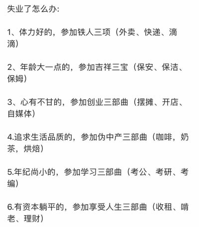 一张纯文字梗图，以幽默调侃的方式列出了失业后的六种职业选择方向。每种选择都用了流行文化梗进行包装，如将外卖、快递、滴滴称为"铁人三项"，将保安、保洁、保姆称为"吉祥三宝"等，反映了当代年轻人面对就业压力的自嘲与无奈。