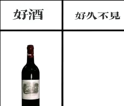 图片为2x2的四宫格布局，整体背景为纯白色。左上角格子内有黑色书法风格文字“好酒”，右上角格子内有黑色书法风格文字“好久不见”，左下角格子中是一瓶带有白色标签的红酒实物图，右下角格子为空白。图片通过“好酒”（指优质的酒）与“好久不见”（指长时间未见面）的谐音关系制造幽默效果，利用文字与实物的搭配形成趣味联想。