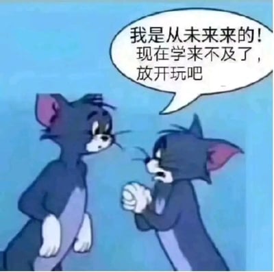 这是一张改编自动画《猫和老鼠》的表情包，画面中出现了两只汤姆猫：左侧的汤姆双手叉腰，一脸疑惑地看向右侧的汤姆；右侧的汤姆双手合十，表情恳切，上方的对白气泡写着“我是从未来来的！现在学来不及了，放开玩吧”。该表情包用“未来的自己”劝“现在的自己”放弃学习、摆烂玩耍的搞笑设定，精准戳中了不少人想逃避学习、偷懒放松的心态，用戏谑的方式表达了拖延摆烂的心理，没有双关或谐音梗。