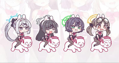 这是一张由《蔚蓝档案》四位角色（月雪白子、黑馆霞、春日晴奈、十六夜梓）组成的四格同人表情包，角色们都换上了兔女郎装扮，头戴兔耳，背后有着对应颜色的光环，骑在Q版拟人化的小人（原型为游戏里的老师）身上。从左到右：
1. 月雪白子面带微笑，姿态放松，下方小人也开心大笑；
2. 黑馆霞张嘴大喊，脸上挂着汗珠，表情崩溃，下方小人眉头紧皱；
3. 春日晴奈面露窘迫，脸颊泛红且流汗，身体僵硬，下方小人眯眼偷笑；
4. 十六夜梓吐舌搞怪，脸上流汗，姿态俏皮，下方小人满头大汗。
整图风格可爱搞笑，通过角色不同的情绪反应制造趣味效果，没有双关或谐音梗。
