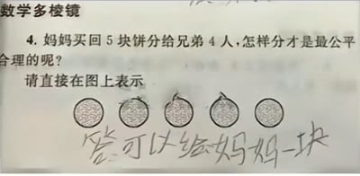 图中是一道小学数学题，题目问妈妈买回5块饼分给4个兄弟怎样分才最公平合理，本意是让同学将5块饼平均分成4份。但学生的手写答案却是“答案可以给妈妈一块”，既童真又有幽默感，展示了小朋友对妈妈的关心，也带来出乎意料的神回复效果。整体气氛轻松搞笑，属于家庭日常中的童真趣事。没有明显双关、谐音或暗示成分，属于儿童天真的直觉答案类梗图。