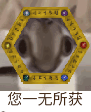 这是一张合成的搞笑动态梗图，将经典网络表情包Doge（神烦狗）的脸部图像嵌入带有彩色符文的六边形抽奖框中，画面下方配有文字“您一无所获”，用幽默的方式调侃抽奖、开宝箱、尝试某事之后空手而归的无奈处境，Doge呆滞的表情与一无所获的结果形成反差，增强了搞笑效果，适合在社交平台上用来表达自己抽奖、开盲盒等没有收获的心情。
