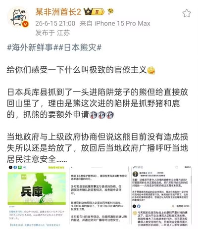 这是一张国内微博平台的用户发布内容截图，发布者为黄V认证用户“某非洲酋长2”，发布于2026年6月15日，附带#海外新鲜事#、#日本熊灾#两个话题。博主爆料并吐槽日本的极致官僚主义现象：日本兵库县多可町捕获了一头误入原本用于抓捕野猪、鹿的陷阱的野熊，按照当地《鸟兽保护管理法》规定，抓捕野熊需要额外向道府县申请许可，当地政府和上级协商后，因未确认该熊已经造成人员财产损失，没能获得抓捕许可，最终将熊放生回山区，随后当地政府又发布通报、通过防灾广播呼吁居民留意熊的踪迹、注意安全。截图同时附上了相关日文新闻原文作为佐证，还有多条网友评论，网友纷纷批评该做法是死守规则、不顾居民安全的本末倒置的官僚主义行为。