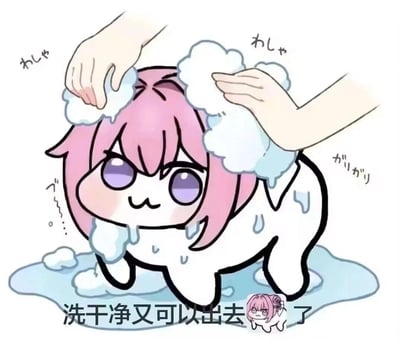 这是一张以韩国手游《胜利女神：妮姬》角色桃乐丝为原型创作的Doro系列表情包。图中粉色头发、紫色眼睛的四足动物形象Doro正在被人用双手清洗，身上覆盖着大量白色肥皂泡，周围有水滴和泡沫散落。画面中还有日语拟声词"わしゃ"和"がりがり"增强洗澡的场景感。底部配有中文文字"洗干净又可以出去了"，旁边还有一个小型Doro头像。整体风格可爱呆萌，体现了Doro文化中模糊情感表达的特点。