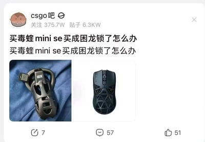 这是一张来自百度贴吧“csgo吧”的帖子截图，标题重复两次“买毒蜂mini se买成困龙锁了怎么办”，内容展示了两张图片：左侧是一个黑色的困龙锁，右侧是雷蛇毒蜂mini se游戏鼠标。帖子通过对比购物时误买的物品（困龙锁）和原本想买的游戏鼠标，制造出因名称或外观相似导致购物失误的搞笑效果，反映了玩家在购买外设时可能遇到的乌龙情况。