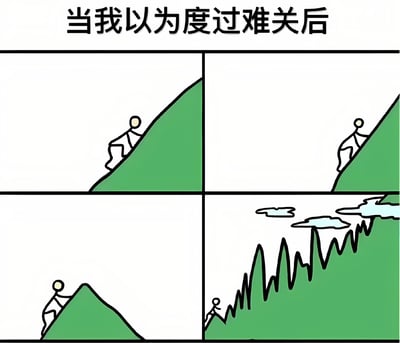 这是一张四格连环漫画，顶部配有文字“当我以为度过难关后”。第一格中，简笔人正在努力攀爬一座绿色的山丘，身体前倾，显得有些吃力；第二格，简笔人即将爬到山顶，似乎看到了希望；第三格，简笔人站在刚爬上的小山顶，望向远方，却发现前方还有一座更高的山；第四格，镜头拉远，原来所谓的“更高的山”实际上是一座布满悬崖峭壁、形状崎岖的巨大山脉，简笔人在其脚下显得格外渺小。整幅漫画通过简笔画风格，幽默又扎心地描绘了人们以为克服困难后却发现新挑战接踵而至的生活体验。