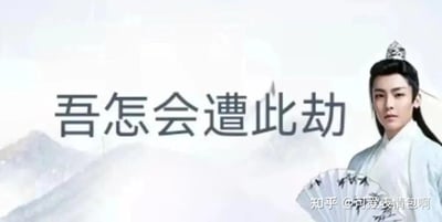 图片中是演员侯明昊在电视剧《我就是这般女子》中的古装剧照，他身着白色长袍，头戴发冠，手持折扇，背景是淡雅的山水云雾。图片中央配有半文半白的文字“吾怎会遭此劫”，体现了“古风小生”梗的典型特征，通过正经的古装造型与略带尴尬的文言句式形成反差萌。