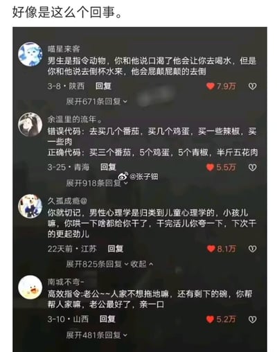 图片为社交媒体评论截图，顶部配有文字'好像是这么个回事。'，下方展示了四条用户评论，内容围绕'男生是指令动物'展开，讨论与男性沟通时需使用具体指令，例如'你去倒杯水来'比'口渴了'更有效，还提到将男性心理学归类为儿童心理学，通过哄和夸奖能让其更配合等观点。每条评论均显示发布时间、地区、点赞数（7.9万、5.5万、8.1万、5.2万）及回复数。整体风格为幽默调侃，反映人际关系中的沟通现象。