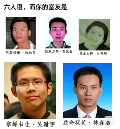 这是一张玩梗的拼贴图，标题为“六人寝，而你的室友是”，列出了五个涉及恶劣刑事案件的真实人物，并给他们起了带有暗黑游戏风格的外号：<br>1. 阴骇锤魔·马加爵：曾在宿舍用锤子杀害4名同学<br>2. 狂飙刀鬼·药家鑫：驾车撞人后持刀捅刺伤者致其死亡<br>3. 炼金女爵·孙释颜：朱令案相关嫌疑人，被怀疑是投毒致朱令终身残疾的嫌疑人<br>4. 寒蝉书生·吴谢宇：杀害自己的母亲后潜逃多年<br>5. 致命玩笑·林森浩：在宿舍饮水机投毒致室友死亡<br>这张图用游戏化的外号调侃这种极端的“地狱室友”组合，营造出惊悚又荒诞的反差感，没有双关或谐音梗。