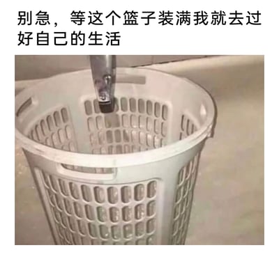 这是一张经过P图改编的文字加注梗图，画面中一个带有镂空网格的塑料洗衣篮上方，有一个水龙头正在往篮内放水，而洗衣篮的镂空结构会让水全部漏出，永远无法被装满。图上方配文“别急，等这个篮子装满我就去过好自己的生活”，用这个永远无法完成的任务，来自嘲当代人总是给自己设置一些无法达成的前置条件，以此拖延着不去改变现状、开启想要的生活，精准戳中了很多人逃避改变、陷入拖延的心态，充满了对生活的无奈与自嘲。