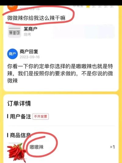 这是一张竖屏手机格式的外卖平台屏幕截图，呈现了一起消费乌龙事件：2023年9月15日，用户给某烧烤商户差评，吐槽商户将自己点的‘微微辣’做成了很辣的口味；商户在次日回复，指出用户实际订单选择的是‘嗷嗷辣（特辣）’，是按照用户要求制作的。下方的订单详情也明确显示商品辣度为‘嗷嗷辣’，用户备注为‘不开发票’。图中用红圈重点标注了用户的吐槽内容和订单的辣度信息，清晰展现了用户因自身误选辣度却错怪商户的乌龙场景。