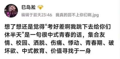 这是一张社交媒体动态截图，用户“巳岛淞”（头像为动漫角色）发布了这条内容，编辑时间标注为“前天23:46”，并附带一句“我真的回不上你们啊.jpg”的配文。核心内容是用户对一句校园玩笑话“考好差啊我跳下去给你们休半天”的深度解读，认为这句话集合了友情、校园氛围、青春的洒脱与伤痛、青春期的悸动与破坏欲，还关联了中式教育背景下的自我价值寻找，是中式青春的典型缩影，内容中没有双关、谐音梗或暗示类表述。