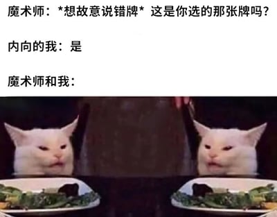 这是一张幽默梗图，上方文字描述了一个社交场景：魔术师故意说错牌想制造互动，而内向的人却直接回答"是"。下方图片是两只表情尴尬的白猫坐在餐桌前，分别代表魔术师和内向的人，生动展现了双方都陷入尴尬境地的搞笑场景。