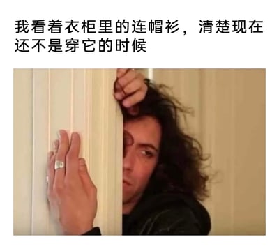 这是一张利用视觉错位制造幽默效果的图文梗图，上方配文“我看着衣柜里的连帽衫，清楚现在还不是穿它的时候”，下方图片中一名卷发真人躲在衣柜门后，仅露出半张脸，双手扒住柜门，他的卷曲头发与手部姿势恰好模仿出连帽衫的帽子和抽绳形态，营造出“衣柜里的连帽衫实际是躲着的人”的视觉错觉。配文与画面形成反差，暗示此人正处于需要躲藏的处境，暂时不能“以连帽衫的身份出现”，用这种巧妙的反差感制造笑点。