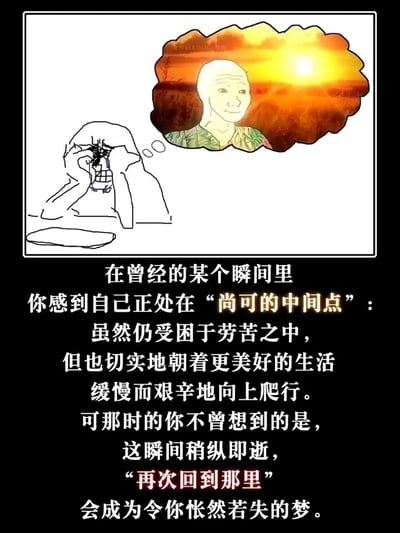 这是一张主打情绪共鸣的图文混排静态图，画面上方分为两部分：左侧是一幅简单的手绘卡通人物，人物低着头，用手撑着脸颊，姿态满是失落与怅惘；右侧的思想气泡里，是一个身处暖黄色夕阳场景中的卡通人物，表情平静淡然，和左侧人物形成鲜明对比。画面下方是一段扎心的文案，详细描述了人生中一个稍纵即逝的「尚可的中间点」：曾经的自己虽然仍在劳苦中挣扎，但还在朝着美好生活缓慢艰辛地前行，可这个状态很快消失，后来想要再回到那个时刻，却成了让人怅然若失的梦，精准戳中了很多人在生活、职场中经历过奋斗后又陷入低谷，怀念曾经有盼头的时光的情绪。