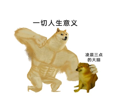 这是一张精准戳中熬夜人群共鸣的网络梗图，图中用两个反差强烈的柴犬doge形象来表现状态对比：左侧是拥有健硕肌肉、眼神明亮精神的柴犬，上方标注“一切人生意义”，代表着宏大且充满力量感的人生命题；右侧是一只蔫头耷脑、眼神困倦、身体瘫软的普通柴犬，标注“凌晨三点的大脑”，生动展现出熬夜到凌晨三点时，大脑已经疲惫不堪，完全无力去思考深刻人生意义的状态，用幽默的方式调侃了熬夜后的精神疲惫。